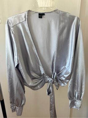 SHEIN Silky V-Neck Tie-Front Blouse in Light Silver